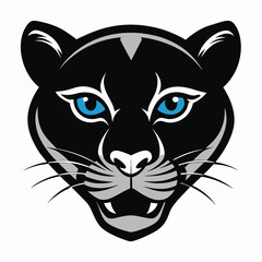 Front view of a black panther head shows piercing blue eyes and whiskers