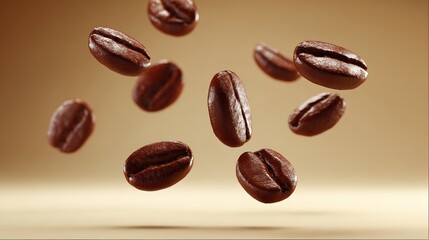 Floating coffee beans in warm tones, a serene horizontal arrangement celebrating simplicity and natural beauty