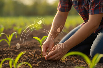 AI generated image of a farmer nurturing seedlings in a sunlit field using smart agriculture technology with HUD interface and digital analysis icons for real-time soil and crop monitoring