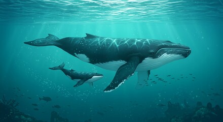 Naklejka premium Illustration of a majestic rare whale swimming in the deep ocean, accompanied by a small whale calf beside it. The two swim harmoniously amidst the sunlight that penetrates the turquoise sea water.