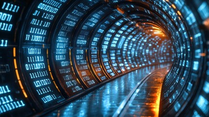 Digital tunnel, glowing binary code