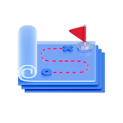 3D icon of a rolled map or blueprint with a flag and a marked path. For strategic planning, project roadmap, goal setting, and future direction.