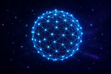 AI generated image of a glowing digital sphere with luminous nodes and connecting lines floating in dark cyberspace representing global data and futuristic technology.