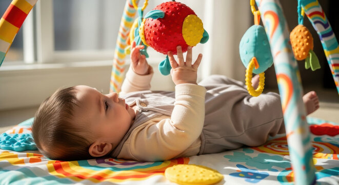 A baby lies on a colorful play mat, reaching for a red toy hanging from a colorful arch. Happy baby playing in sunlit nursery, indoors.