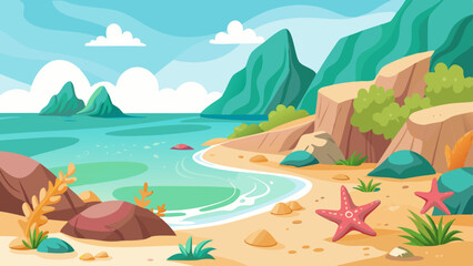 Rocky Seaside Cove Vector with Starfish Seashells & Pastel Water
