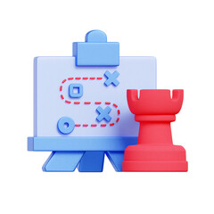 Obraz premium 3D icon of a planning board with a dotted path and a chess rook piece. For strategic game plan, business strategy, tactical planning, and competitive analysis.
