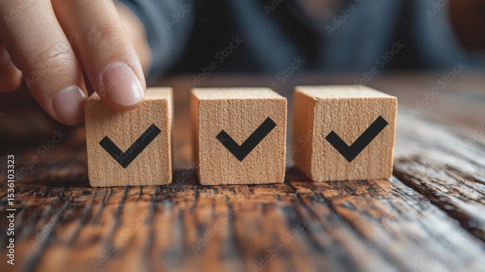 Aufkleber transparent floating blocks in row with check marks representing minimalist goal tracker, person interacting with first block, clean visual with side copy space