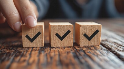 transparent floating blocks in row with check marks representing minimalist goal tracker, person interacting with first block, clean visual with side copy space