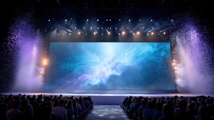 A vibrant stage with a stunning visual display, captivating an audience during an innovative tech event.