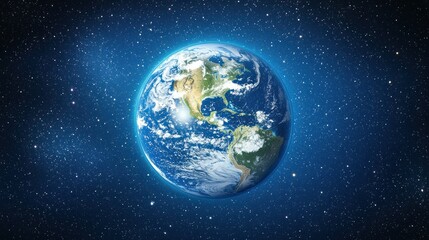 Earth, a blue sphere, surrounded by countless stars in dark space. Detailed view of continents and clouds
