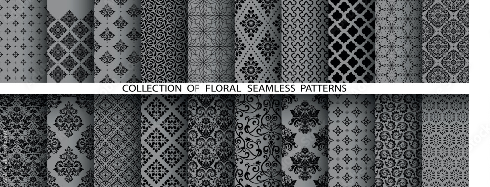 Poster geometric floral set of seamless patterns. gray and black vector backgrounds. damask graphic ornamen