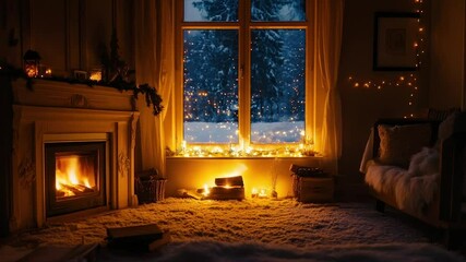 Cozy winter evening by the fireplace. Warm glow of fire illuminates a room with snowy window view. Christmas decorations enhance the festive ambiance - Powered by Adobe
