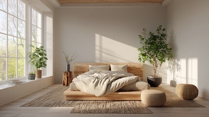 Serene Minimalist Bedroom Interior Design Modern Wooden Bed Natural Light Sunlight Bright Spacious Room Cozy Comfortable Home Decor  Aesthetic Tranquil Peaceful Atmosphere zen calm