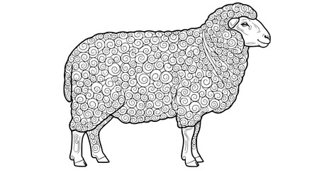 Detailed Black and White Sheep with Swirling Patterned Wool.