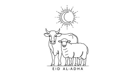 Eid AlAdha Cow and Lamb Line Art with Celestial Sun and Moon.