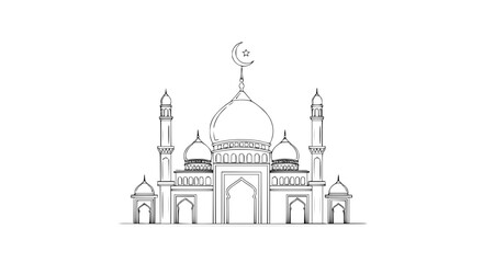 Elegant Line Drawing of a Mosque with Crescent Moon.