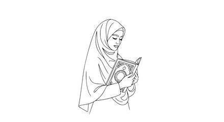 Elegant line art of a woman in hijab reading an ornate book.