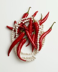 Red Chili Peppers with Pearl Necklace – Surreal Food and Fashion Composition