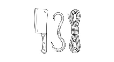 Outlined butcher knife meat hook and tied rope creating a stark graphic composition.