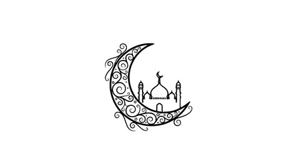 Ornate Crescent Moon Enclosing a Mosque Design.