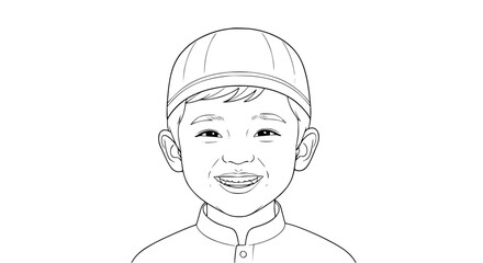 Smiling Boy in Traditional Headwear Line Art Portrait.