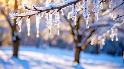 Close-up of sparkling icicles hanging from a tree branch covered in fresh snow on a sunny winter day, blurred forest backdrop - Powered by Adobe