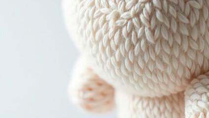 Close up of a knitted white teddy bear with visible stitching and soft texture on a plain background