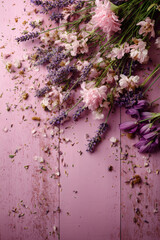 Obraz premium Pastel floral arrangement of lavender, pink roses, and other flowers on a textured purple surface.