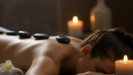 Young woman receiving hot stone massage in serene spa environment - Powered by Adobe