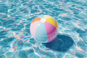 Vibrant beach ball bobbing in crystal-clear pool water, radiating summer vibes and carefree fun.