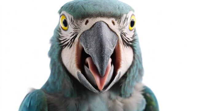 Close-up of a vibrant parrot with an open beak, set against a white background, showcasing its colors