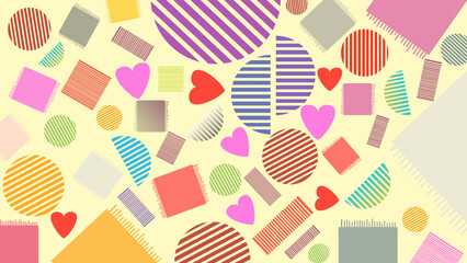 Colorful abstract background with striped geometric shapes and hearts on pastel yellow. Playful seamless pattern for kids, textiles, and creative design projects.
