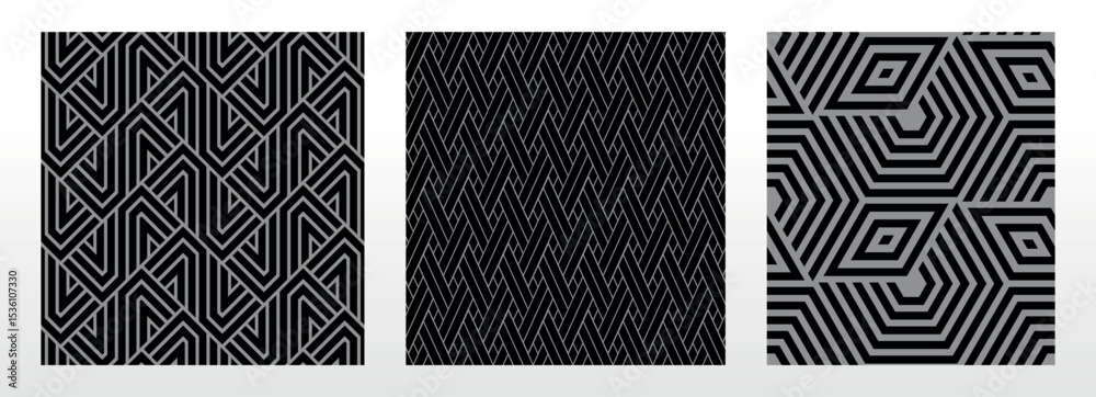 Poster Geometric set of seamless black and gray patterns. Simple vector graphics
