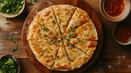Overhead shot of a cheese flatbread pizza sliced into 12 pieces, served with salsa.