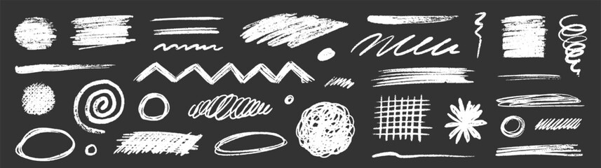 Crayon chalk scribble effect texture pastel stroke element set. Hand drawn crayon pencil brush stroke texture line shape on black background. Chalk scratch hand drawn style. Vector illustration