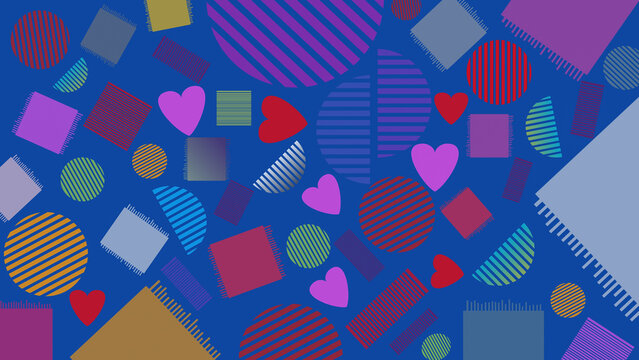 Colorful abstract background with striped geometric shapes and hearts on pastel yellow. Playful seamless pattern for kids, textiles, and creative design projects.