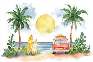 Obraz premium A watercolor scene of a beach with palm trees, a setting sun, surfboards, and a red van parked near the shore.