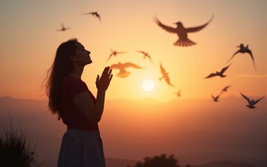 Woman praying and free the birds flying on sunset background, hope concept. High quality