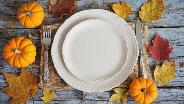 Thanksgiving dinner table setting cozy home rustic decor autumn vibes overhead seasonal feast planning