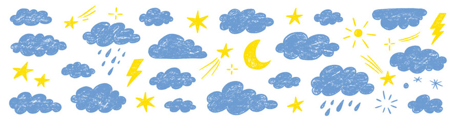 Cloud crayon texture star, moon set. Hand drawn crayon pencil stroke cloud, moon, sun weather shape with chalk texture. Sky elements for kid, baby, school background design. Vector illustration