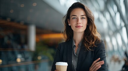 professional woman with coffee standing confidently in lobby