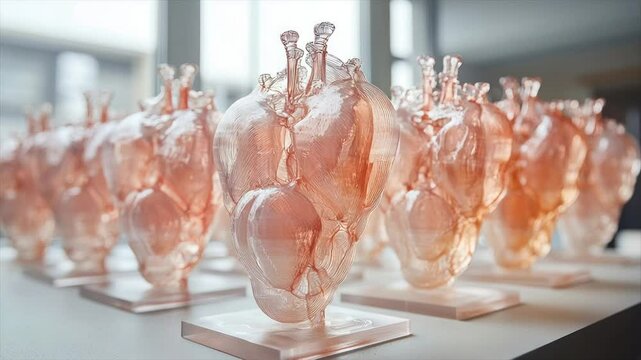 Detailed 3D printed anatomical hearts.  Rows of translucent, rose-colored heart models, showcasing intricate internal structures.  High-quality, close-up view