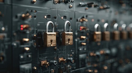 secure login padlocks and encrypted data panels.