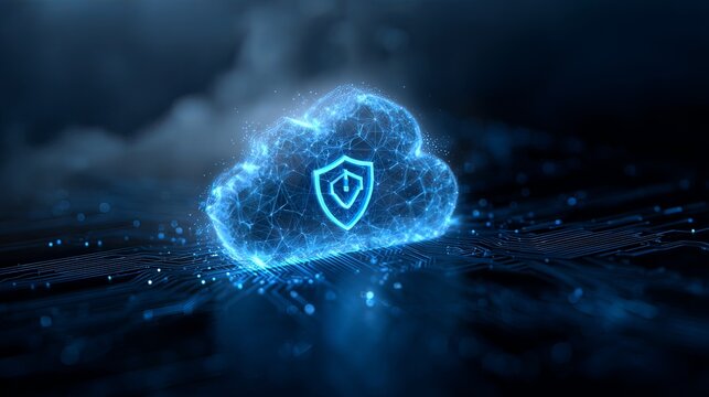 secure AI icon with shield, cloud computing, digital background.