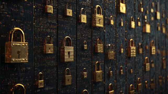 secure login padlocks and encrypted data panels.