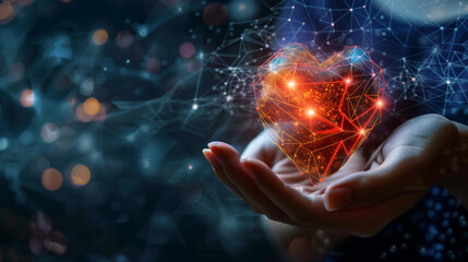 Illustration of a heart with orange, glowing digital connections on hands