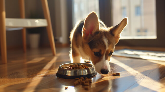  Adorable puppy enjoying meal from a bowls on a bright room background