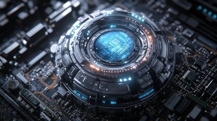 Futuristic CPU on circuit board.  Detailed close-up