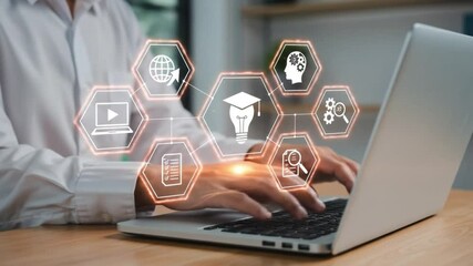 Online education and e-learning concept. A person use a laptop with icons representing online education, learning, knowledge sharing, educational tools, training, webinar on internet, digital courses - Powered by Adobe