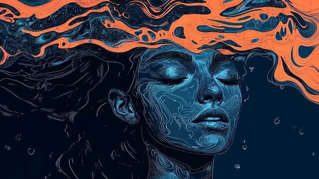 Woman submerged in water with flowing orange waves above, creating a surreal underwater scene